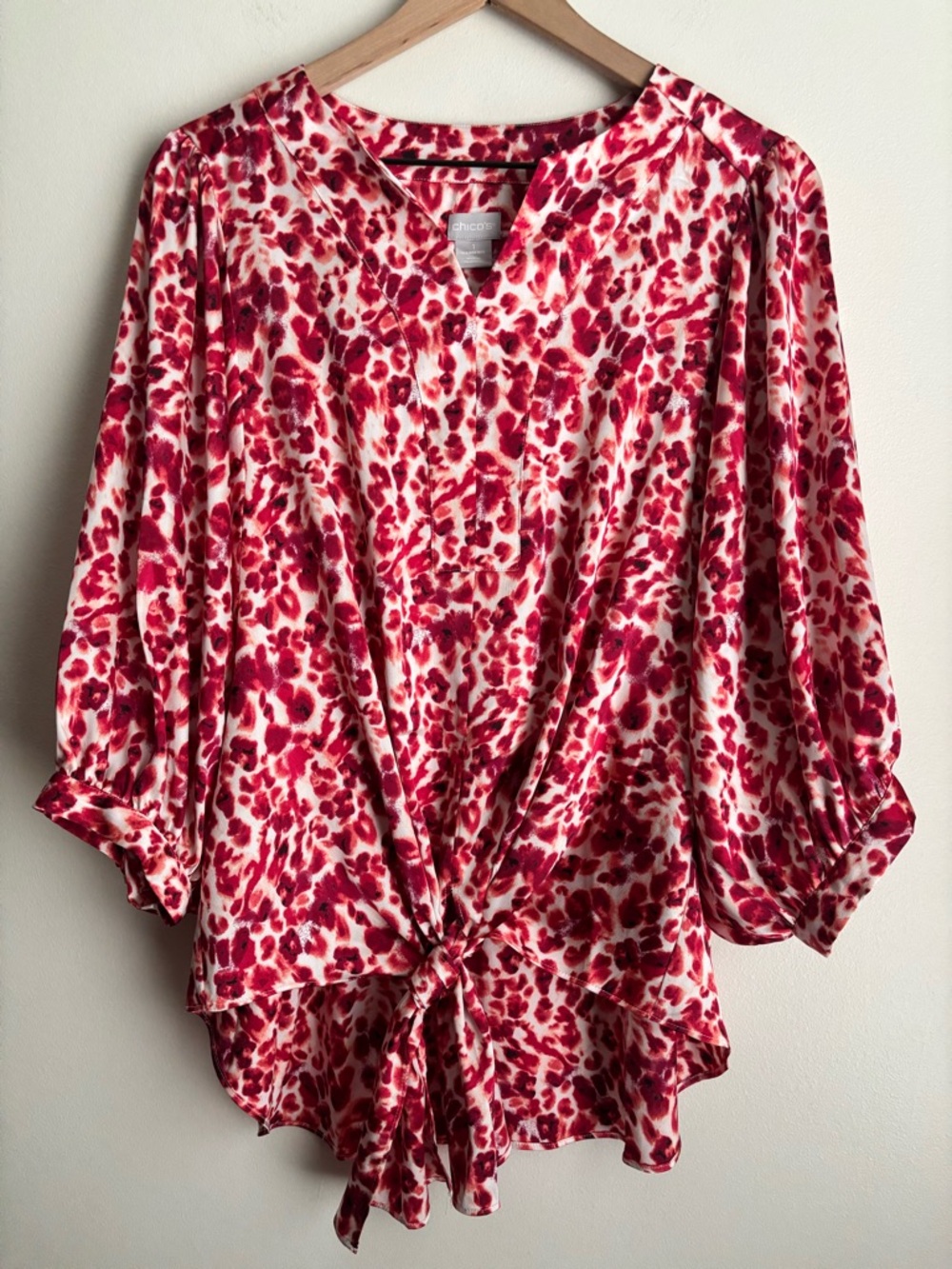 Chico’s Floral Abstract Print Tie Front Blouse Balloon Sleeve Size 1 US 8/10